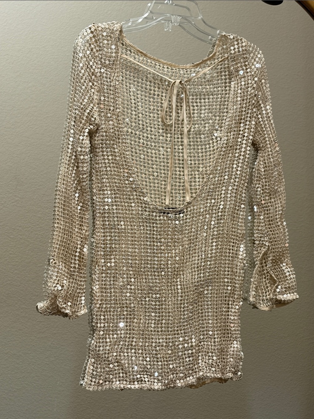 Audette Sheer Slim Sequin Mesh Long-Sleeve Mini Dress Size M - Picture 8 of 9